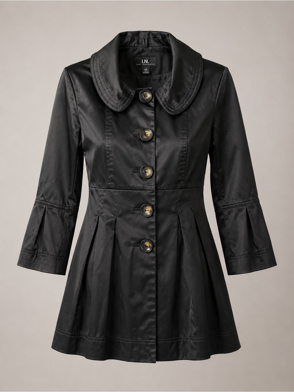 I.N. San Francisco Black Pleated-Waist Trench with Rounded Collar